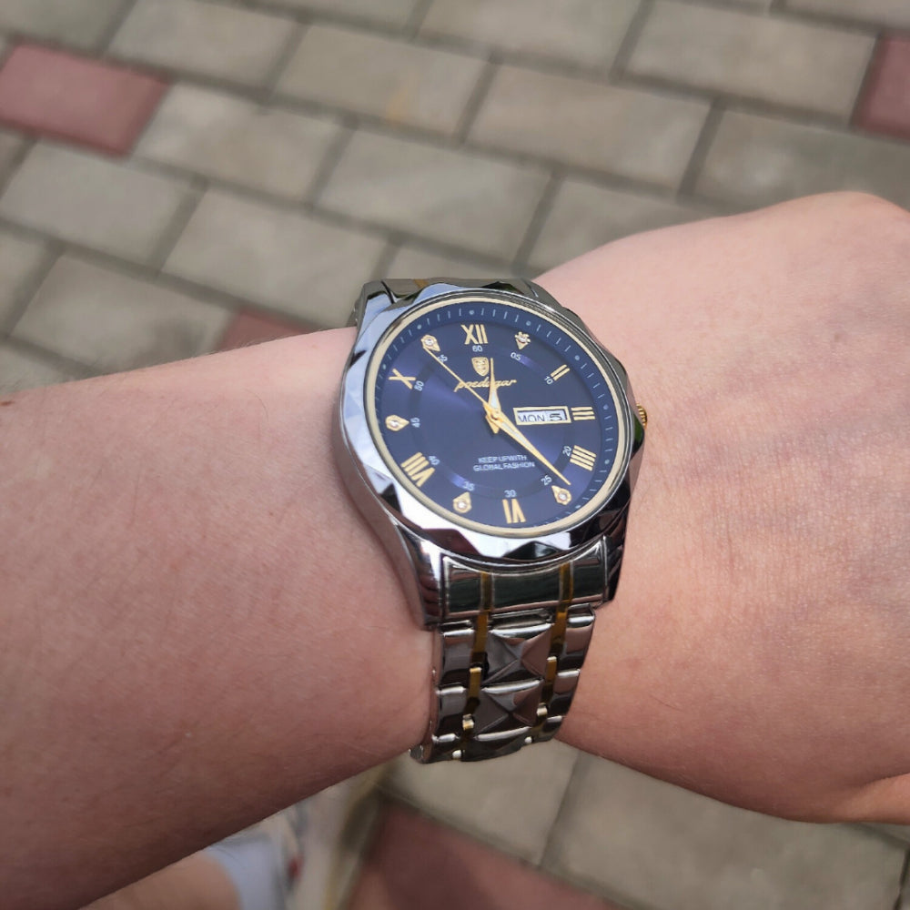 Men’s Two‑Tone Silver Watch – Aurum Roman Numerals Steel Bracelet