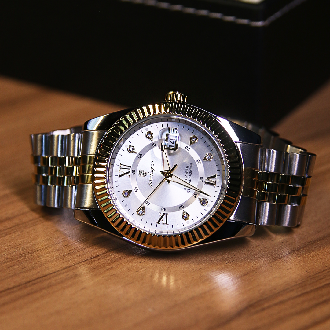 Men’s Two‑Tone Silver Watch – Goldstar Fluted Bezel Steel Bracelet