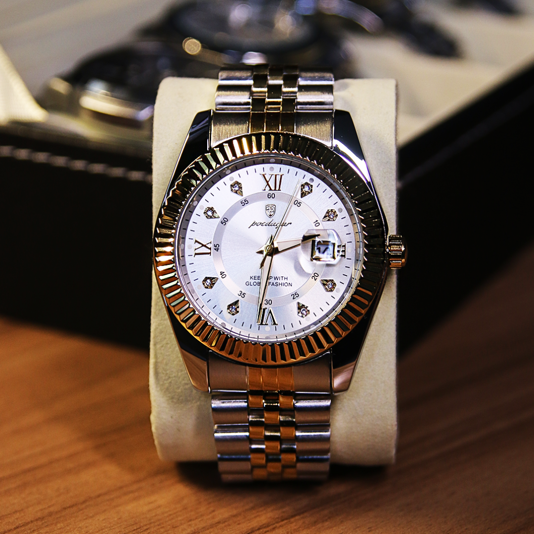 Men’s Two‑Tone Silver Watch – Goldstar Fluted Bezel Steel Bracelet
