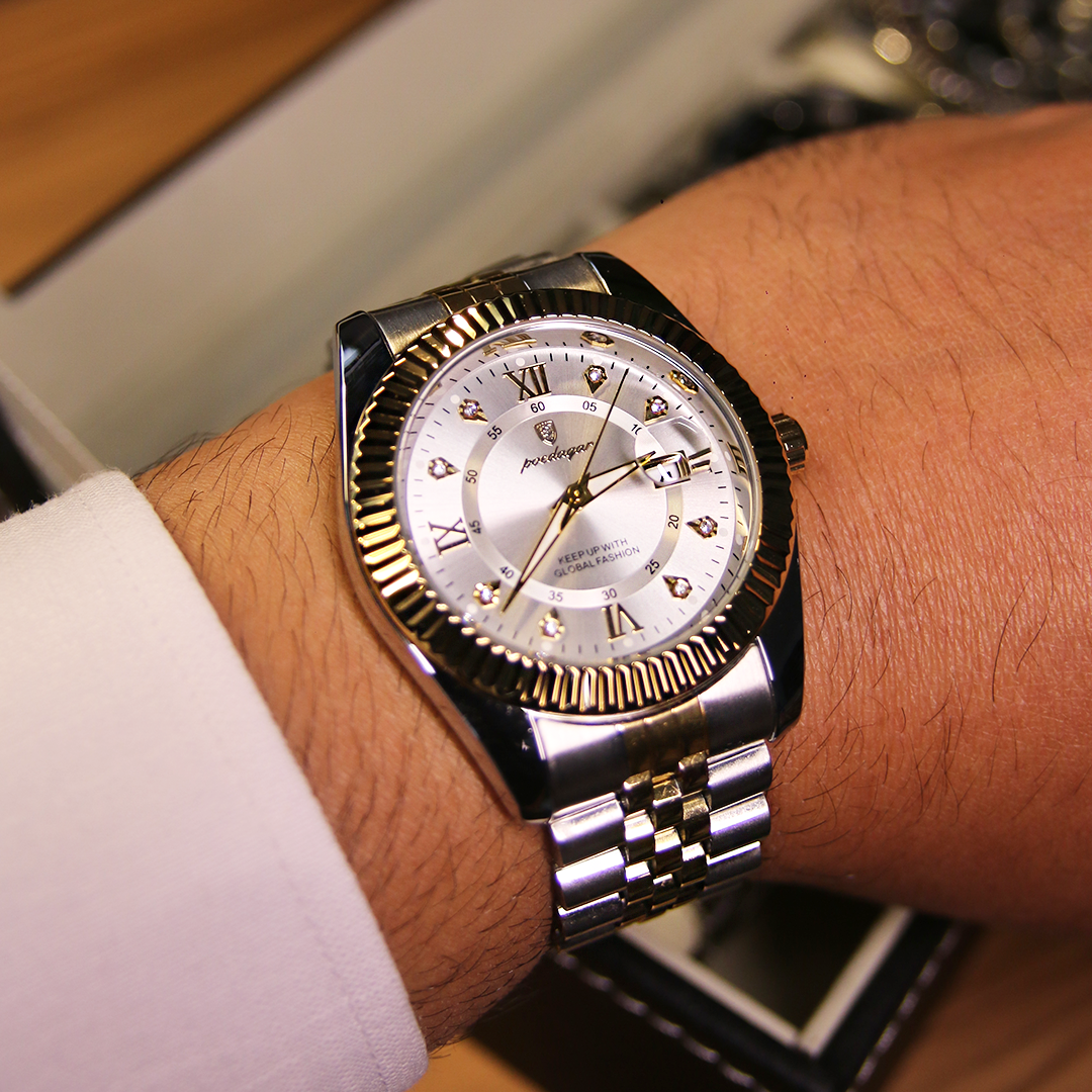 Men’s Two‑Tone Silver Watch – Goldstar Fluted Bezel Steel Bracelet