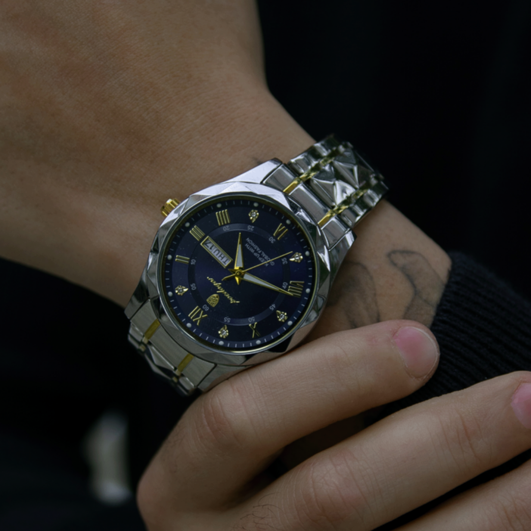 Men’s Two‑Tone Silver Watch – Aurum Roman Numerals Steel Bracelet