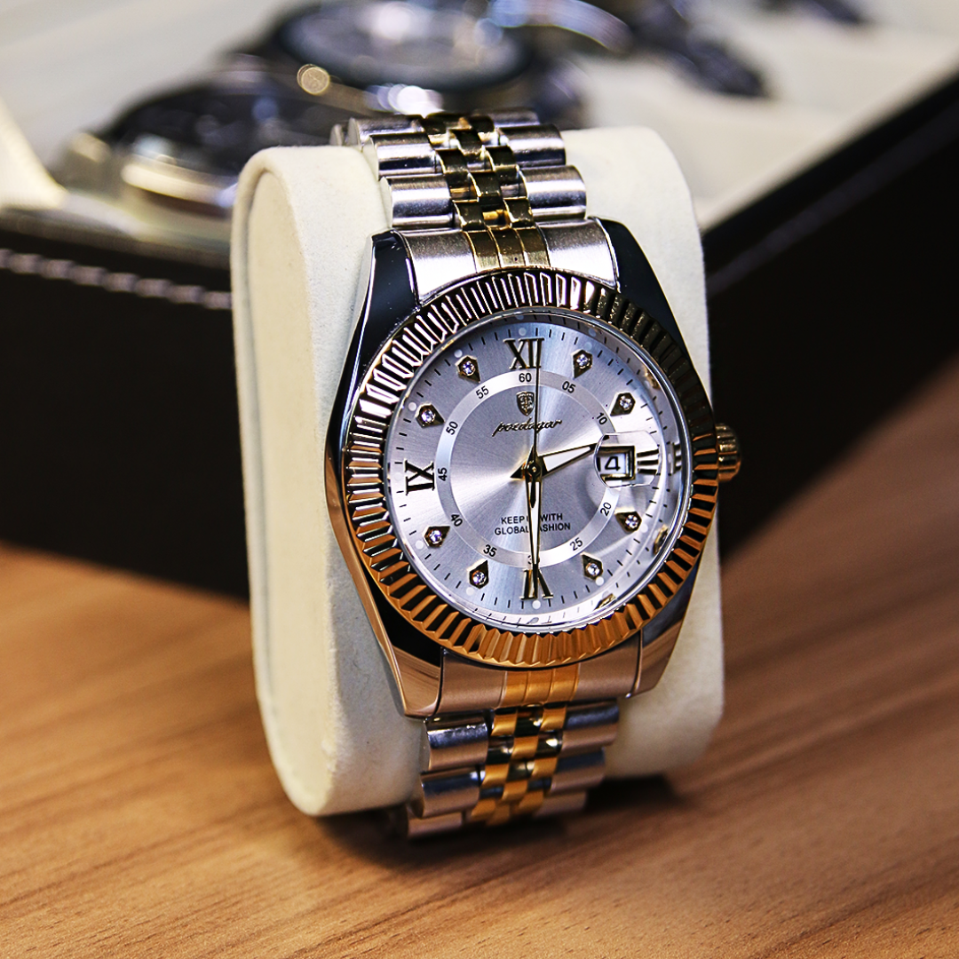 Men’s Two‑Tone Silver Watch – Goldstar Fluted Bezel Steel Bracelet