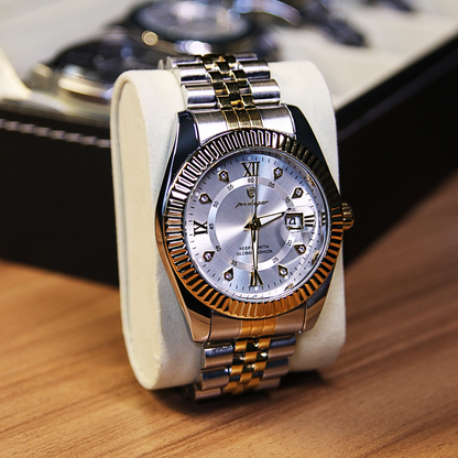 Men’s Two‑Tone Silver Watch – Goldstar Fluted Bezel Steel Bracelet