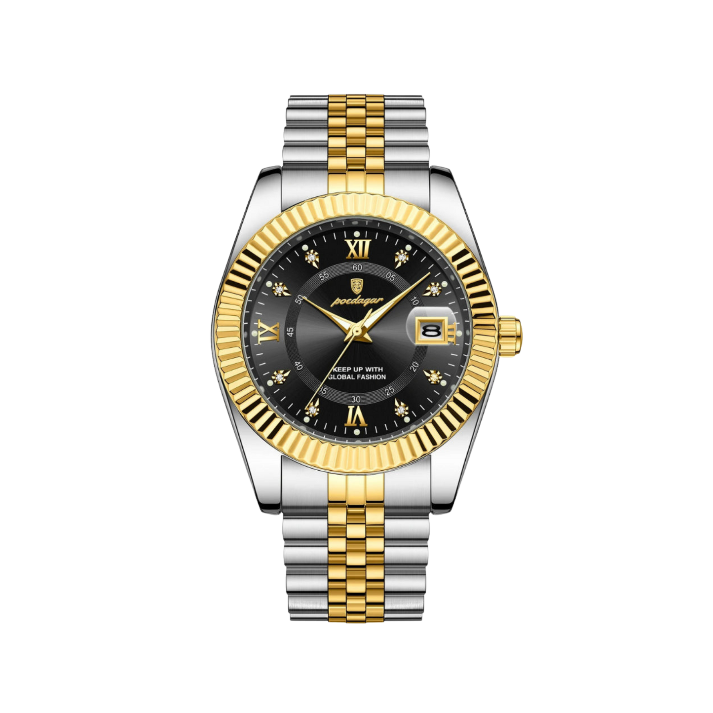 Men’s Two‑Tone Silver Watch – Goldstar Fluted Bezel Steel Bracelet