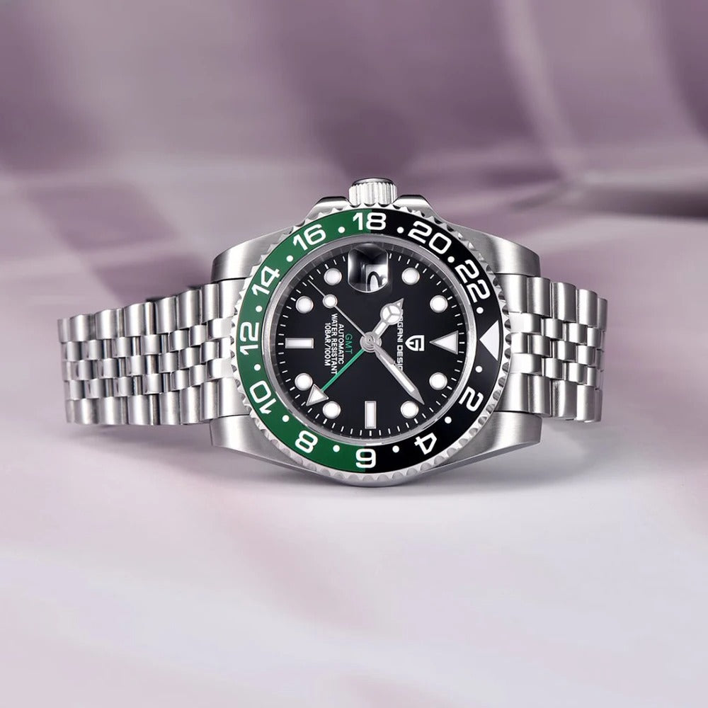 Men’s Silver Automatic GMT Watch – Horizon frente deitado