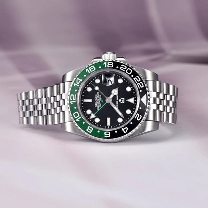 Men’s Silver Automatic GMT Watch – Horizon frente deitado