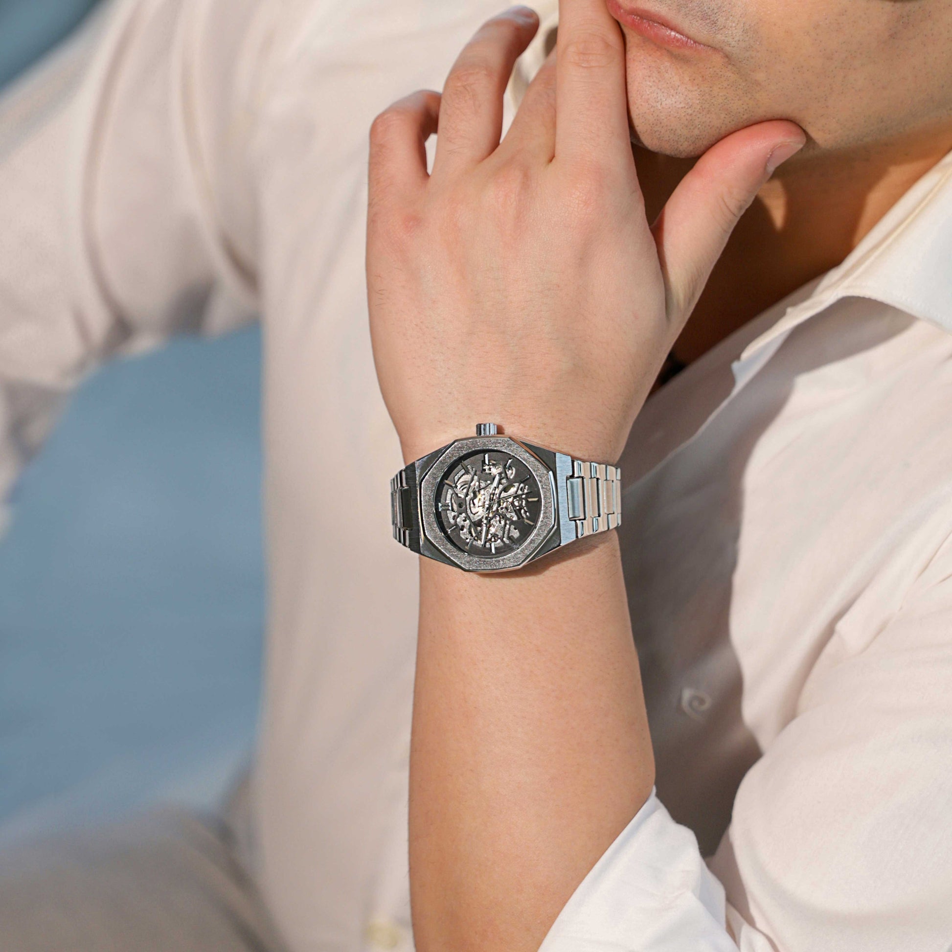Men’s Octagonal Silver Automatic Watch – Specter Skeleton