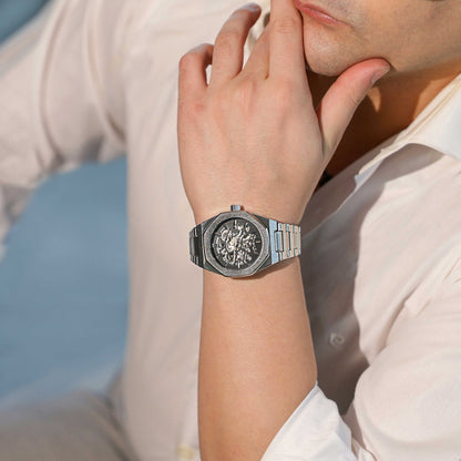 Men’s Octagonal Silver Automatic Watch – Specter Skeleton