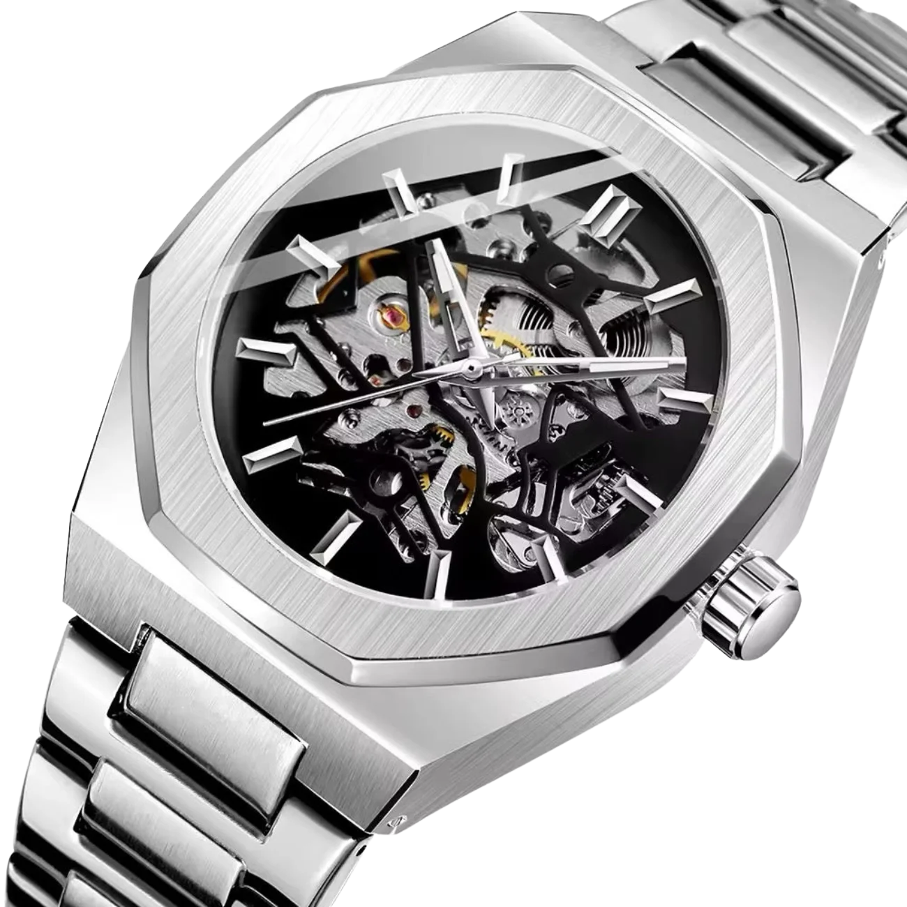Men’s Octagonal Silver Automatic Watch – Specter Skeleton