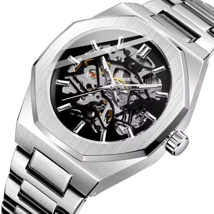 Men’s Octagonal Silver Automatic Watch – Specter Skeleton